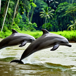 **Image Prompt:** "Suriname River scene. Freshwater dolphins ('boutu') playing in the river with lush green rainforest backdrop. Focus on intelligence and social interaction of the dolphins."
