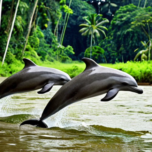 **Image Prompt:** "Suriname River scene. Freshwater dolphins ('boutu') playing in the river with lush green rainforest backdrop. Focus on intelligence and social interaction of the dolphins."