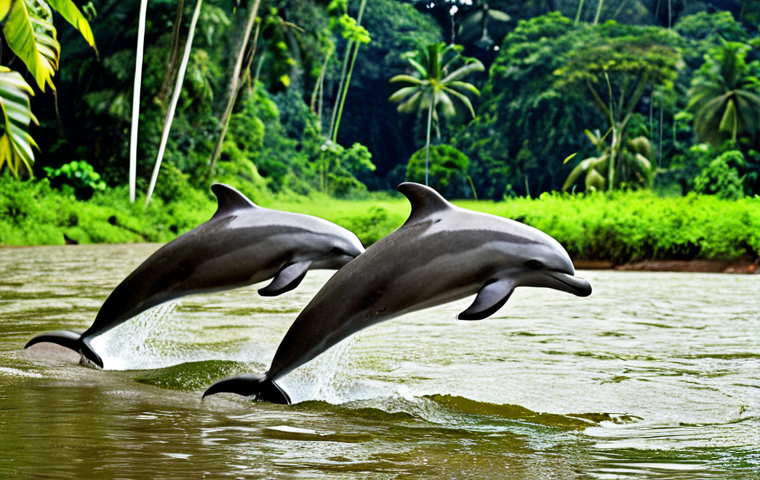 **Image Prompt:** "Suriname River scene. Freshwater dolphins ('boutu') playing in the river with lush green rainforest backdrop. Focus on intelligence and social interaction of the dolphins."